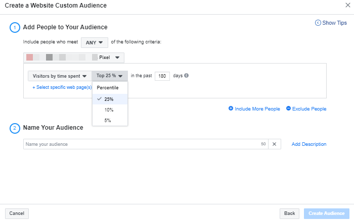 Creating Facebook Custom Audiences Image Image of Creating Custom Audience website time spent 1
