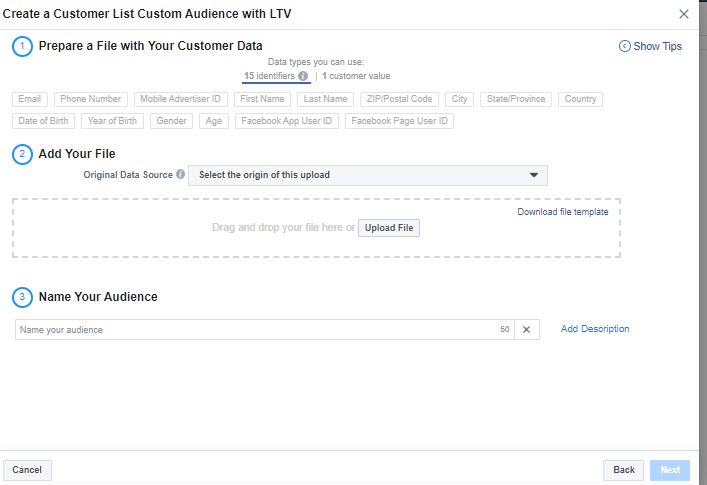 Creating Facebook Custom Audiences Image Image of Customer List with LTV 1