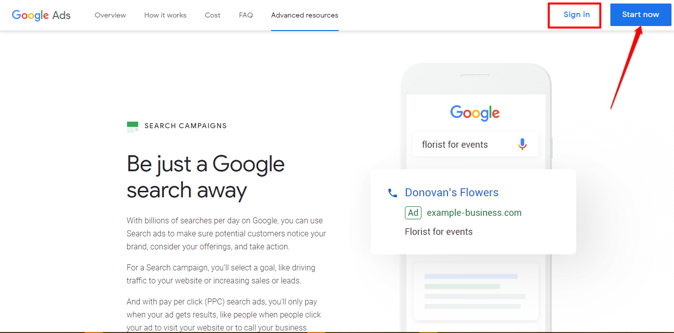 Image of Google Adwords Home page 1